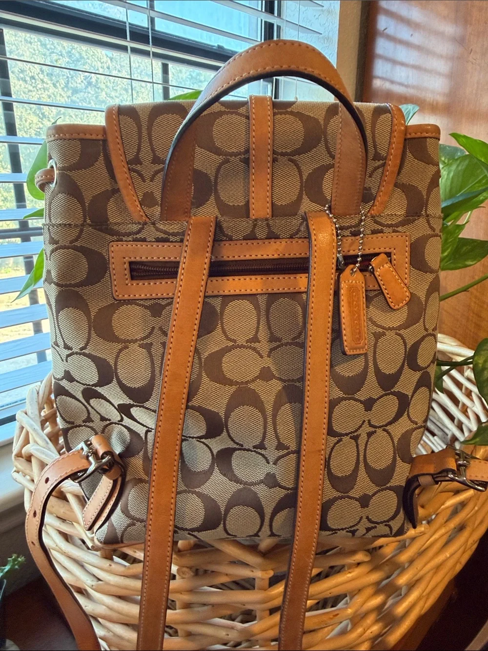 Vintage Coach 6613 Signature Jacquard Backpack Tan Leather Y2K